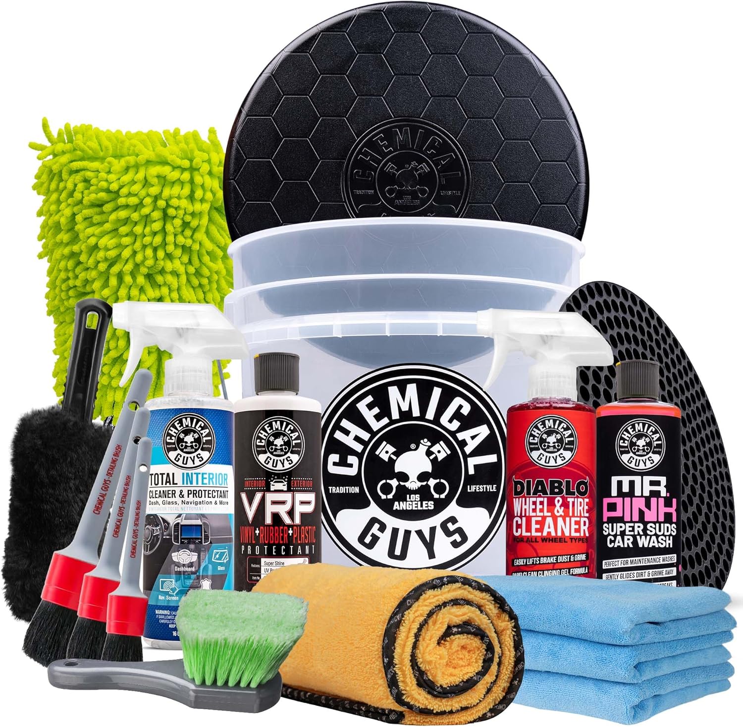 Chemical Guys Car Detailing Kit, Car Cleaning Kit with Total Interior Cleaner & Protectant, Sprayable Wheel Cleaner, Car Wash Soap, Bucket, Brushes, and Detailing Accessories - 17 Piece Wash Kit - Chemical Guys - 