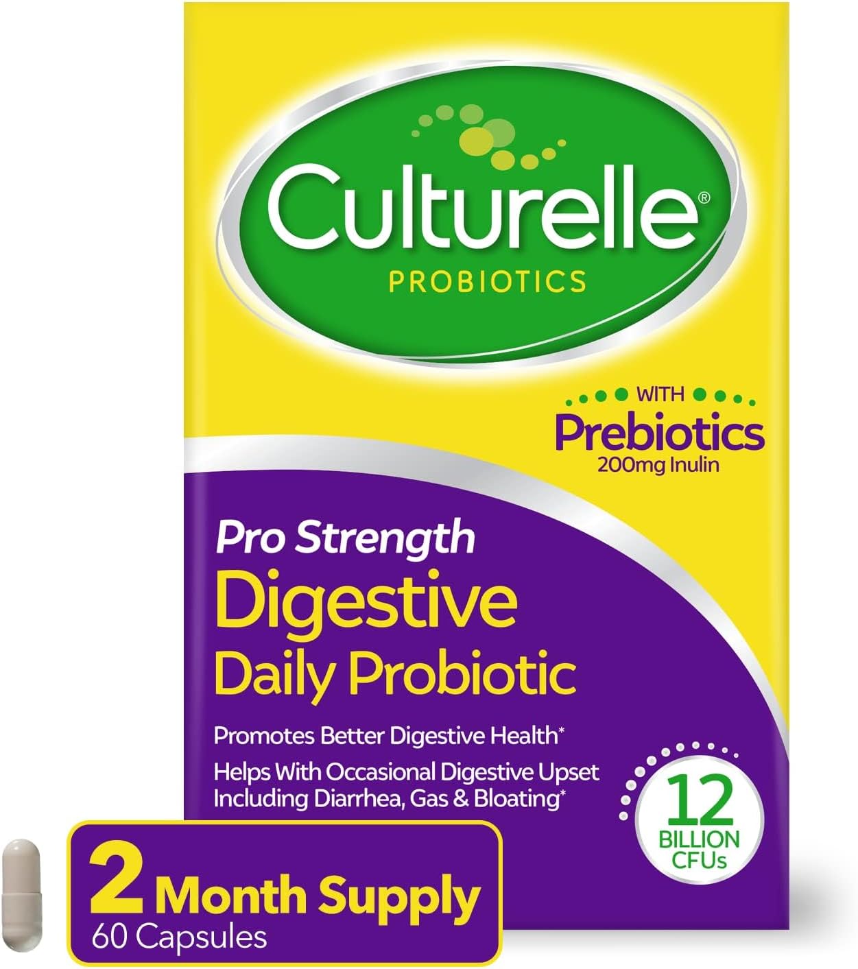 Culturelle Pro Strength Daily Probiotics For Digestive Health (2 Month Supply) with Prebiotics for Women & Men, Supports Occasional Diarrhea, Gas & Bloating, Gluten & Soy Free, 60 Count - Amazon - 