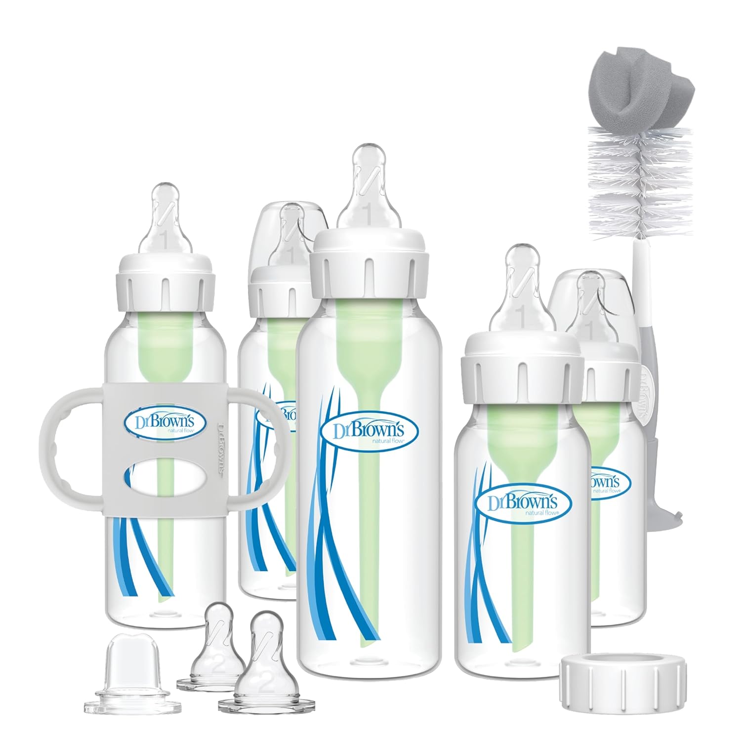 Dr. Brown's Anti-Colic Options + Narrow Bottle to Sippy Gift Set with Soft Silicone Sippy Spout, Removable Silicone Handles, Travel Cap and Bottle Brush (Packaging/Brush Color May Vary) - Dr. Brown’s - 