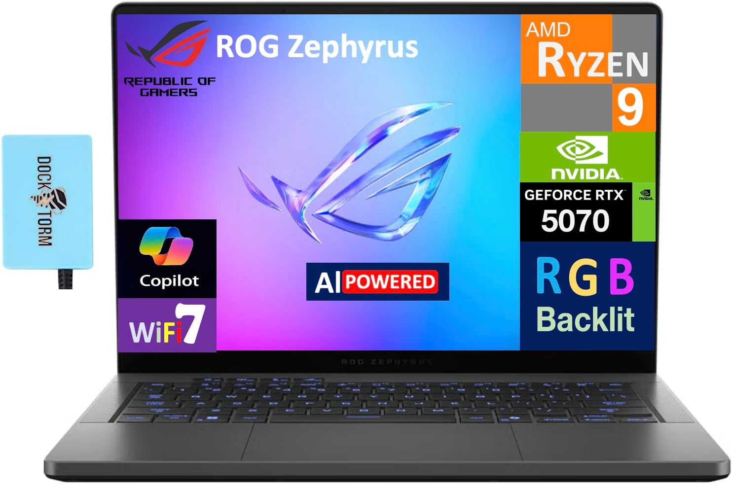 ASUS ROG Zephyrus G14 AI Gaming Laptop 14.0" 120Hz Display (AMD Ryzen 9 270, GeForce RTX 5070 8GB, 32GB LPDDR5X, 2TB PCIe SSD, RGB Keyboard, WiFi 7, Webcam, Win 11 Pro) w/DKZ USB Port Expander - ASUS - 