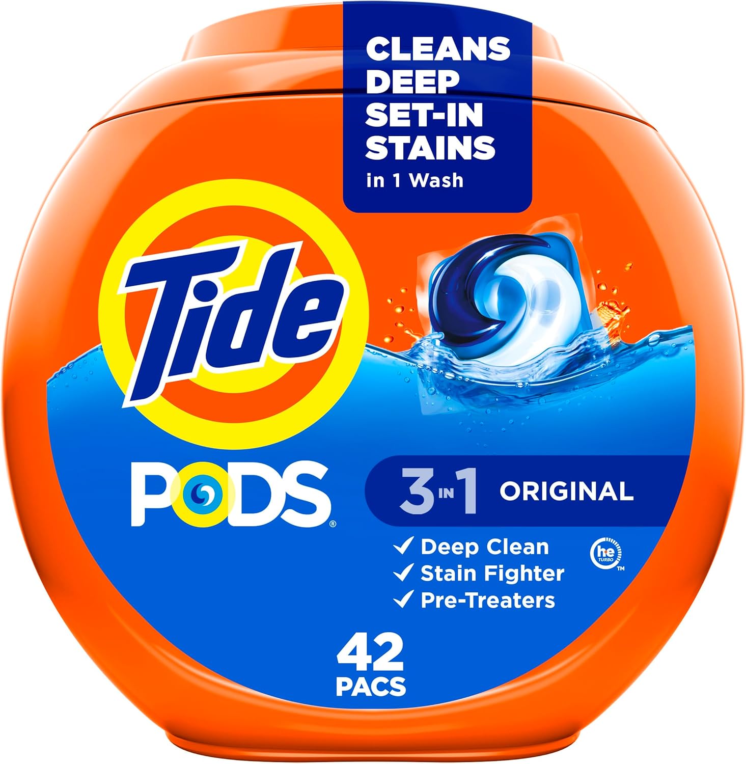 Tide PODS laundry detergent pacs, 3-in-1 Stain Remover, Odor Fighter, Color Protector, 42 Count, HE compatible, Original Scent - Amazon - 