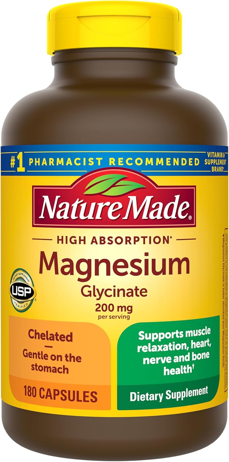 Nature Made Magnesium Glycinate 200 mg per serving, Magnesium Supplement for Muscle, Heart, Nerve and Bone Support, 180 Magnesium Bisglycinate Capsules, 90 Day Supply - Amazon - 