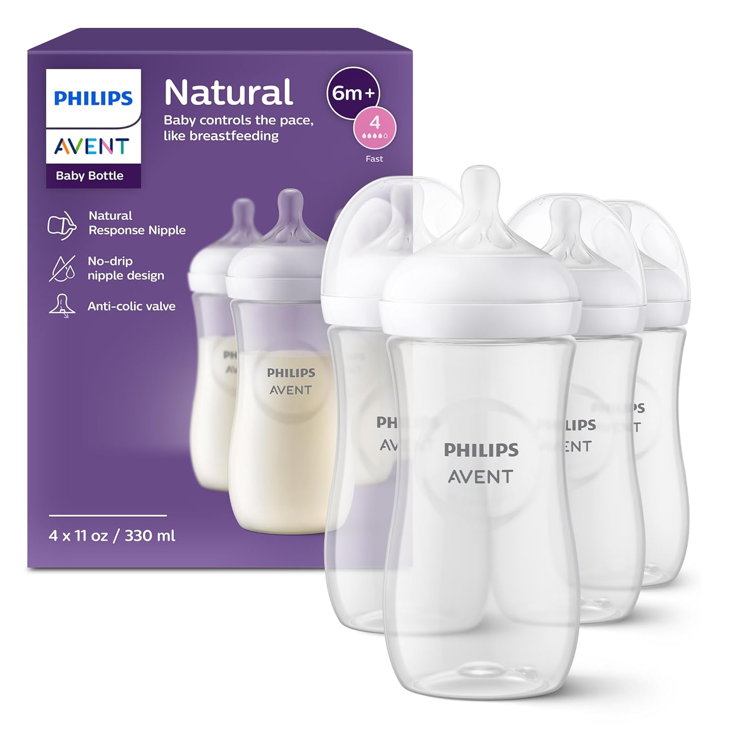 Philips Avent Natural Baby Bottles with Natural Response Nipples (Fast Flow, Flow 4), 11oz, 4-Pack, SCY906/04 - Philips - 