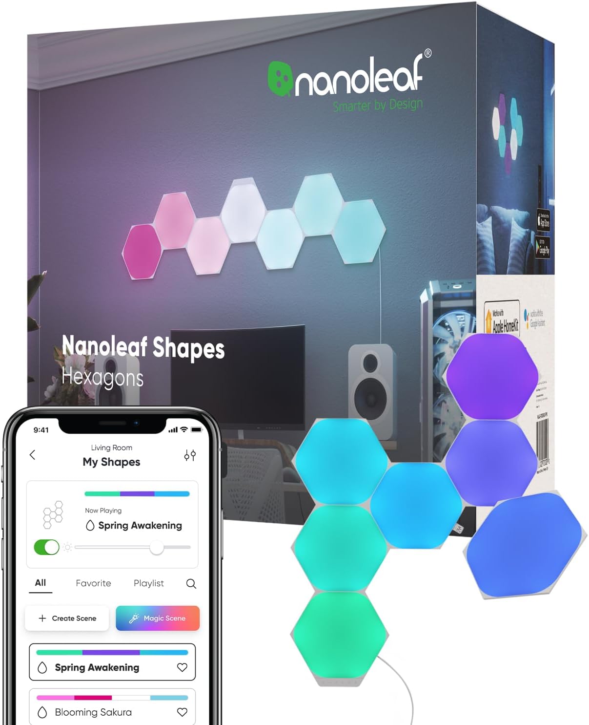 Nanoleaf Shapes LED Wall Lights, RGBW Smart Wall Panels with 16M+ Color, Compatible with Alexa & Google Assistant, Music Sync, DIY Gaming Light for Home Decor (Hexagons Smarter Kit 7 Pack) - Nanoleaf - 