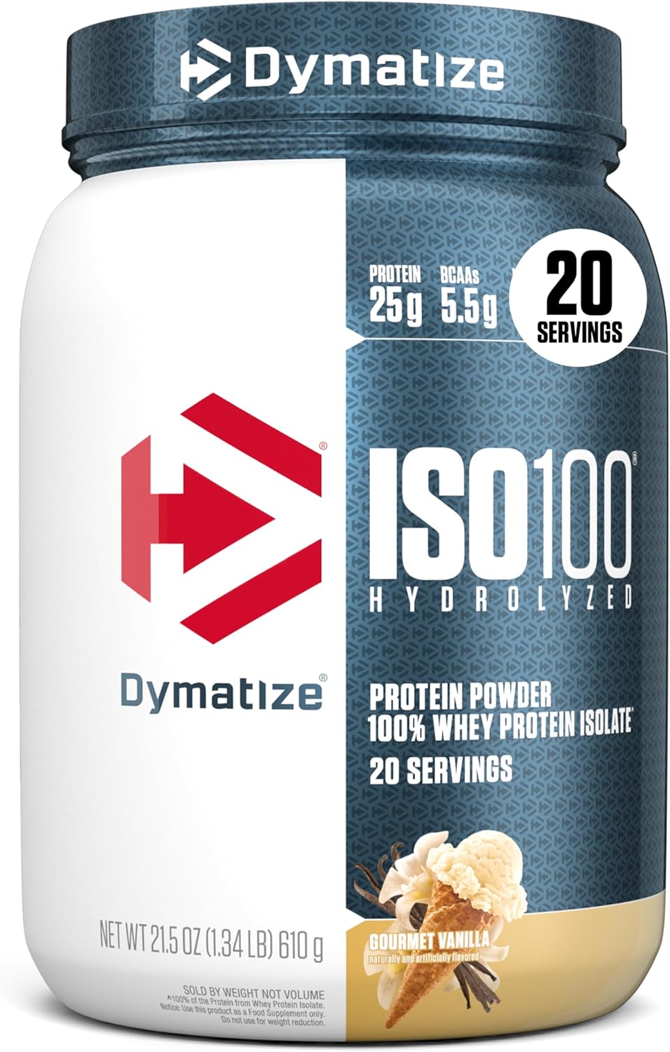 Dymatize ISO100 Whey Protein Powder Isolate, Gourmet Vanilla, 25g of Protein, 5.5g BCAAs, Less Than 120 Cal., Gluten Free, 1g Fat, 1g Sugar, 2g Carb (20 Servings) - Amazon - 