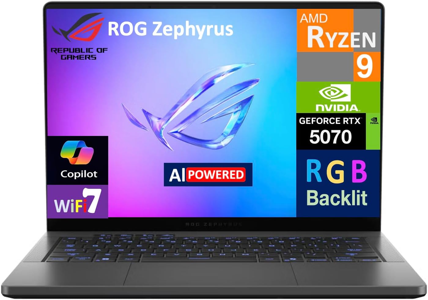 ASUS ROG Zephyrus G14 AI Gaming Laptop 14.0" 120Hz Display (AMD Ryzen 9 270, GeForce RTX 5070 8GB, 32GB LPDDR5X, 2TB PCIe SSD, RGB Keyboard, WiFi 7, Webcam, Win 11 Pro) w/DKZ USB Port Expander - View image 8