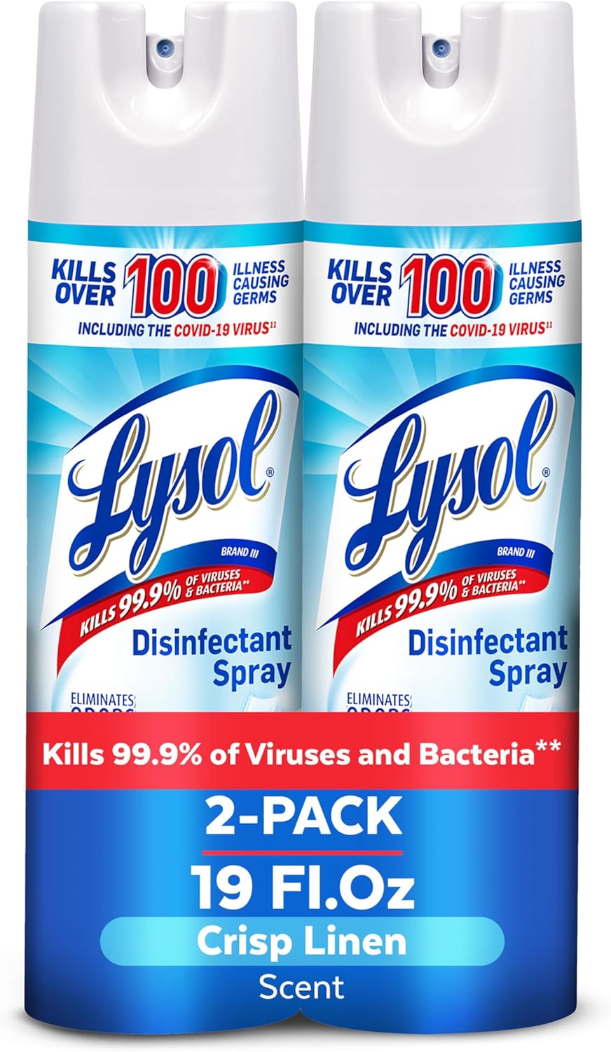 Lysol Disinfectant Spray, Household Essential Cleaning Supplies, Multi-Purpose Room Spray, Antibacterial Sanitizer Spray, Upholstery Deodorizer, Home and Bathroom, Crisp Linen,19 Fl Oz (Pack of 2) - Amazon - 