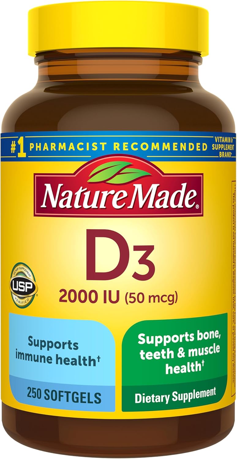 Nature Made Vitamin D3 2000 IU (50 mcg), Vitamin D Supplement for Bone, Teeth, Muscle and Immune Health Support, 250 Softgels, 250 Day Supply - Amazon - 