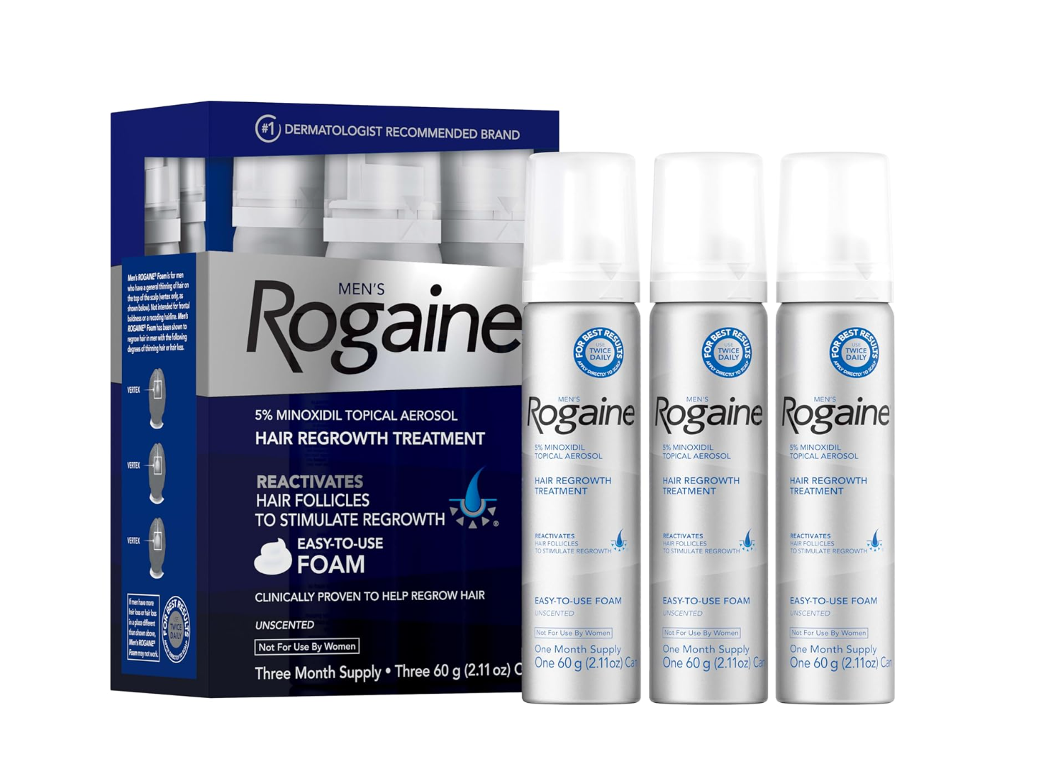 Men’s Rogaine 5% Minoxidil for Men Foam, Clinically Proven Regrowth for Thinning Hair, Topical Hair Loss Treatment, Unscented Topical Aerosol, Results in 8–16 Weeks, 3-Month Supply, 3 x 2.11 oz - Amazon - 